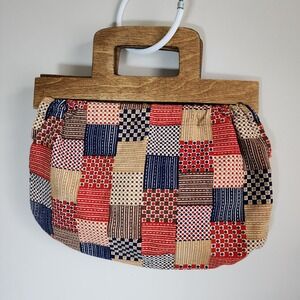 Patchwork Print Corduroy Handbag Multicolor Wooden Handle Vintage Boho 70s